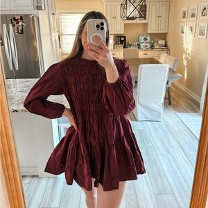ASOS Design Petite Burgundy Smocked Long Sleeve Mini Dress Size 12